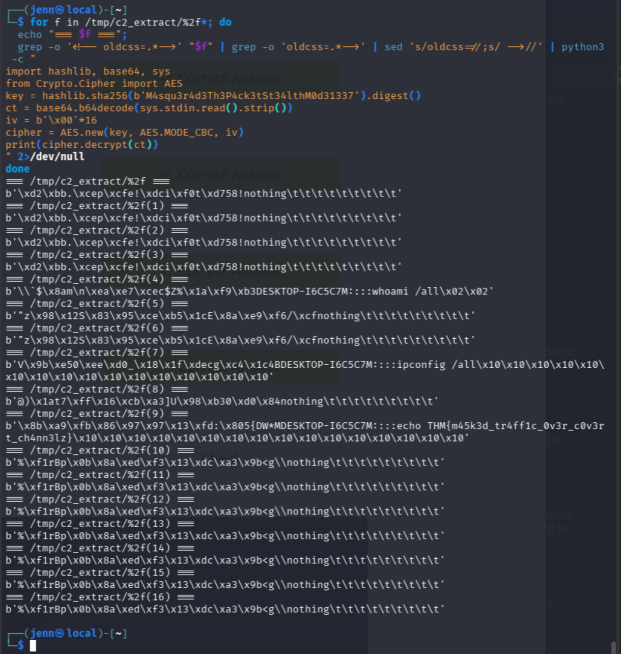Decrypted C2 command sequence with flag